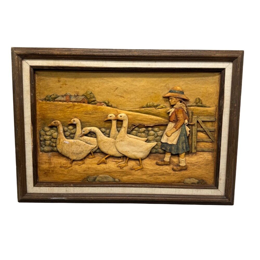 Vintage Framed Relief Carving Of Farmer & Geese In Countryside Scene rectangle